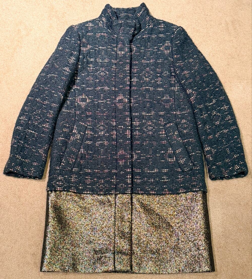 PORTS Metallic Tweed Jacquard Coat Jacket Blue Gold Shimmer Women's Size 8